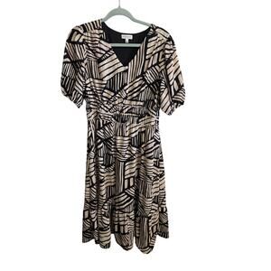 Luxology Women's Abstract Black Cream Geometric Puff Sleeve Midi Dress - Large